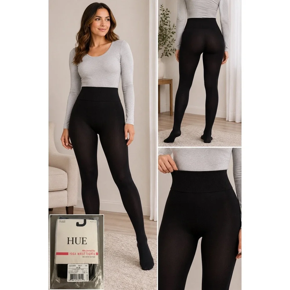 HUE Yoga Waist Tights Womens Size 4 Black Opaque Rib‎ Control Top Leggings